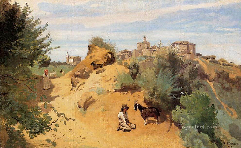Genzano Goatherd and Village plein air Romanticism Jean Baptiste Camille Corot Oil Paintings